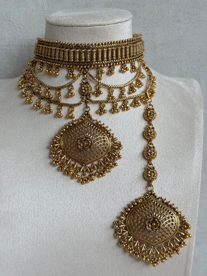 Ayura Designs Sahira Choker Set with Earrings & Tikka – Gold Engraved Choker with Floral Pendant & Ghungroo Detailing