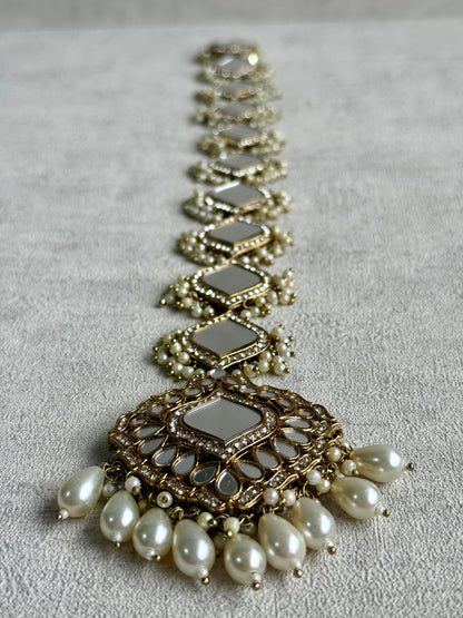 Ayura Designs Sheesh Parandi – Mirror-Cut Panels with Pearl Clusters & Antique Gold Finish