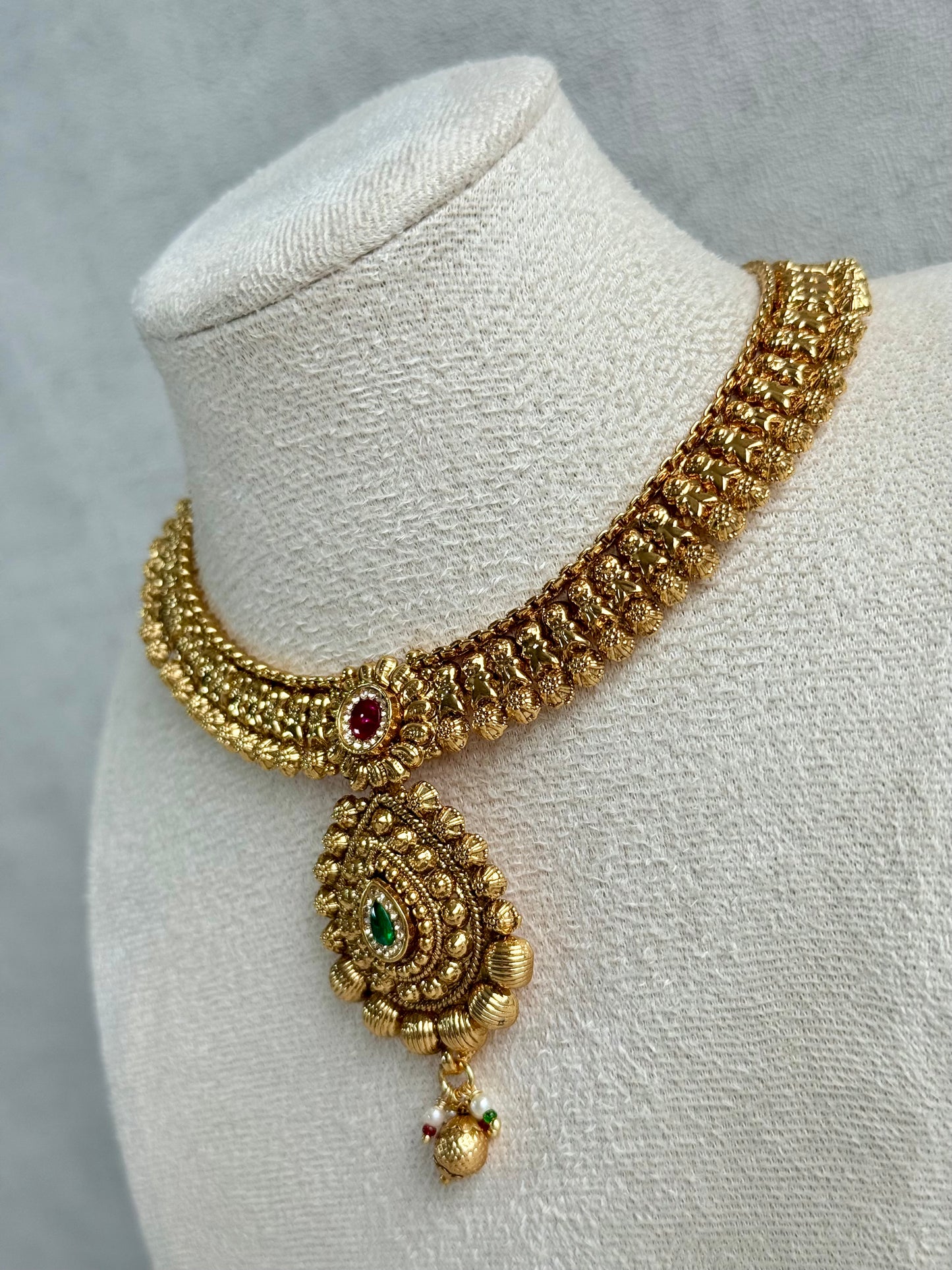 Ayura Designs Ayma Necklace Set with Earrings – Antique Gold Finish with Ruby Pink, Emerald Green & Crystal Detailing