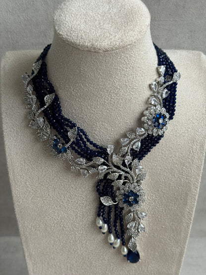 Ayura Designs Chloe Set – Silver Necklace & Earrings with Sapphire Stones, Pearls & Moissanite Detailing
