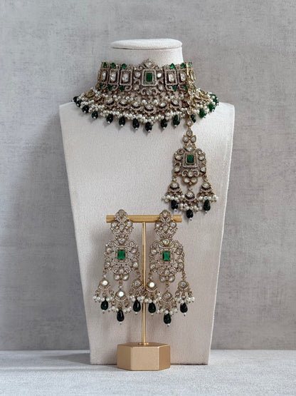Ayura Designs Aisha Choker Set with Earrings & Tikka – Emerald Green Stones, Polki & Pearl Detailing