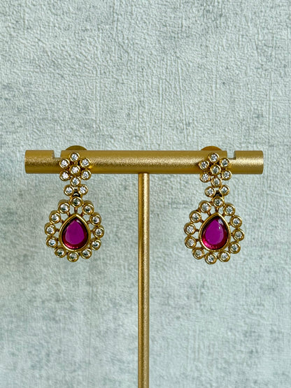 Ayura Designs Maanya Set with Earrings – Multicolour Stones with Rani Pink Centre & Crystal Detailing