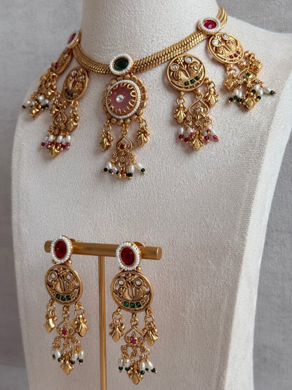 Ayura Designs Parchhai Necklace Set with Earrings – Rose Pink, Ruby Red & Emerald Green Stones, Bird Motifs & Pearl Detailing
