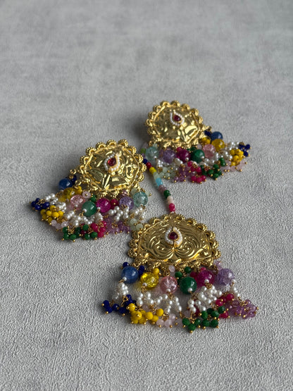 Ayura Designs Rangoli Tikka Set with Earrings – Antique Gold Finish, Multicolour Beads & Pearl Detailing