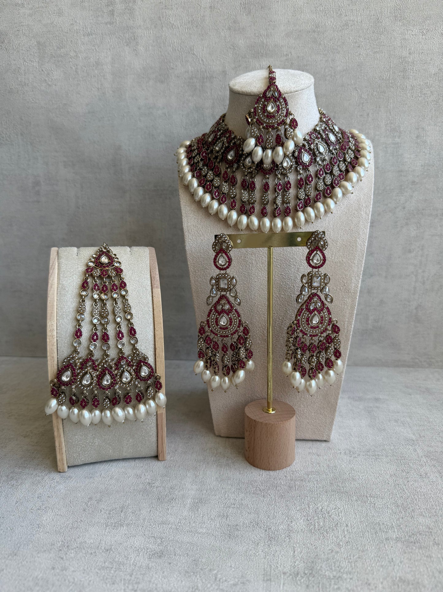 Ayura Designs Riwaayat Set with Necklace, Earrings, Tikka & Passa – Fuchsia Stones, Mirror-Cut Detailing & Ivory Pearl Drops