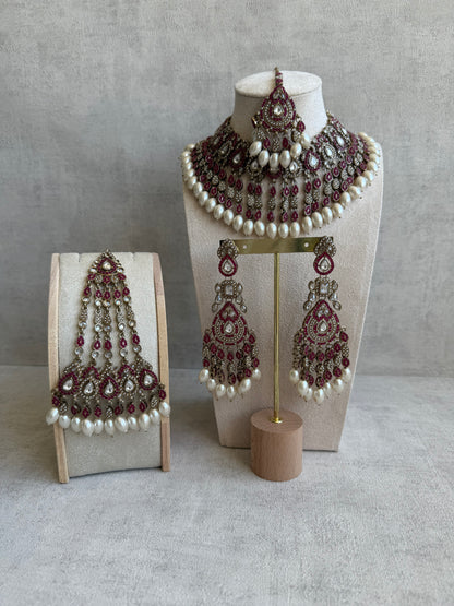 Ayura Designs Riwaayat Set with Necklace, Earrings, Tikka & Passa – Fuchsia Stones, Mirror-Cut Detailing & Ivory Pearl Drops