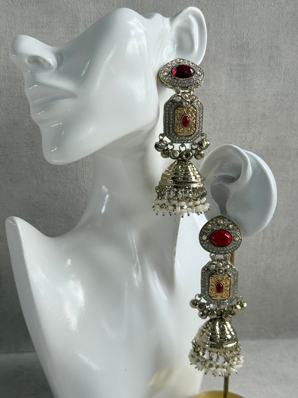 Ayura Designs Maara Jhumkis – Champagne Gold with Ruby Red Stones, Crystals, Ghungroos & Pearl Detailing