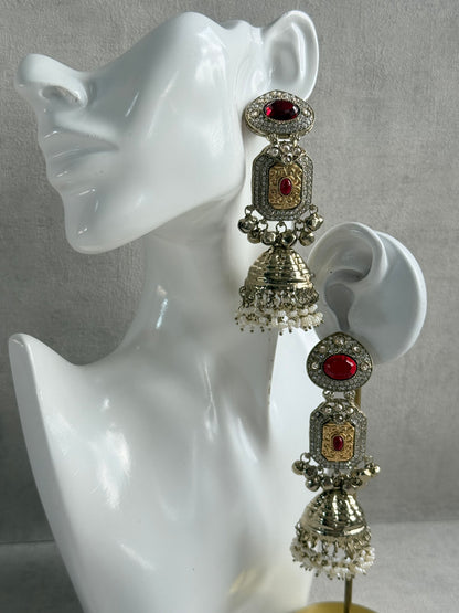 Ayura Designs Maara Jhumkis – Champagne Gold with Ruby Red Stones, Crystals, Ghungroos & Pearl Detailing