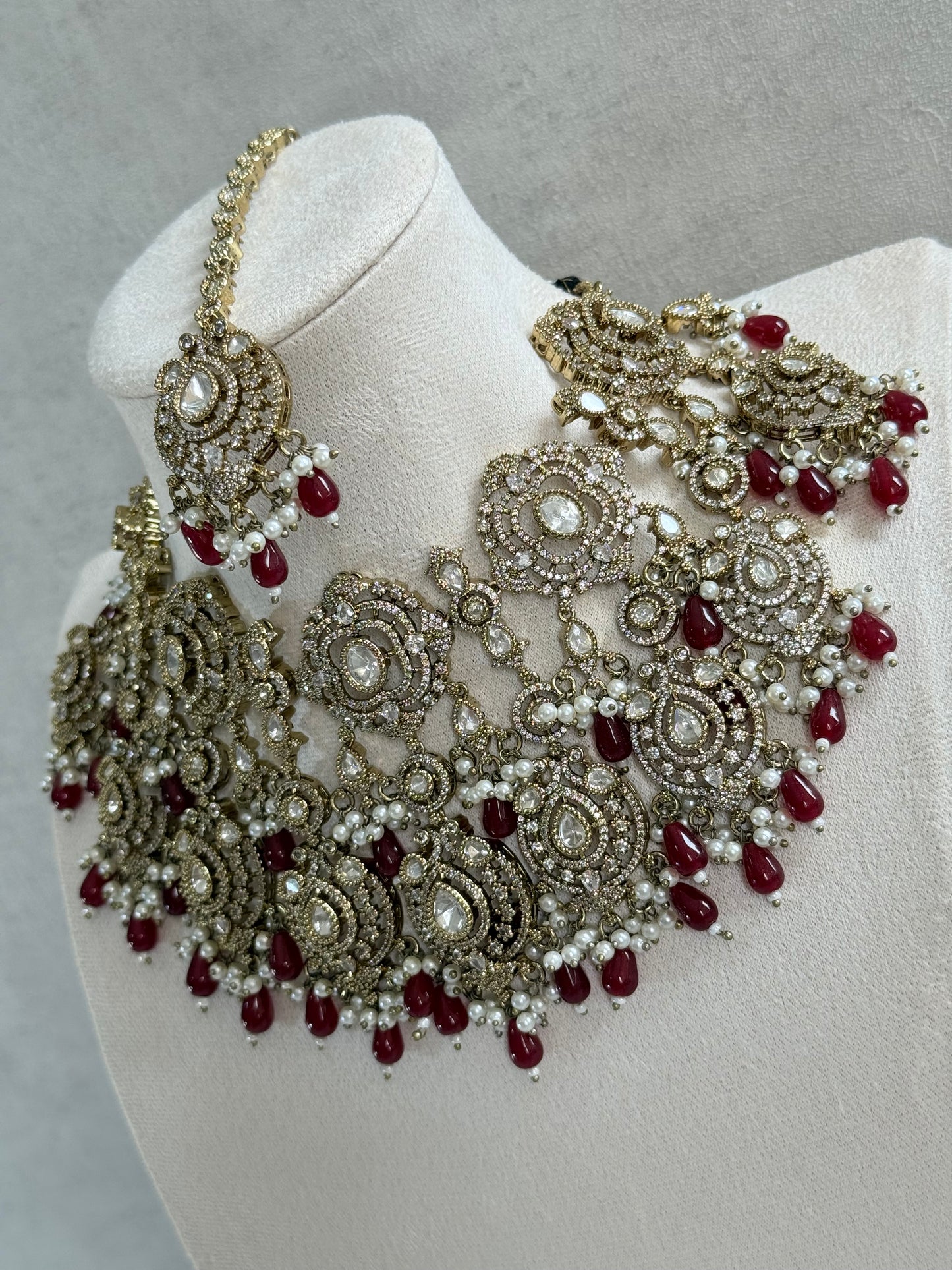 Ayura Designs Fazal Set with Necklace, Earrings & Tikka – Ruby Red Drops, Pearl Detailing & Moissanite Stonework