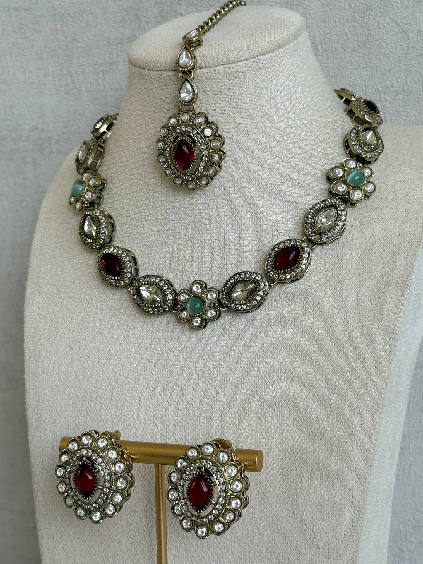 Ayura Designs Ivy Necklace Set with Studs & Tikka – Ruby Red & Mint Green Kundan Detailing