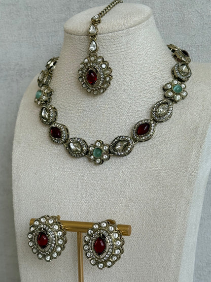 Ayura Designs Ivy Necklace Set with Studs & Tikka – Ruby Red & Mint Green Kundan Detailing