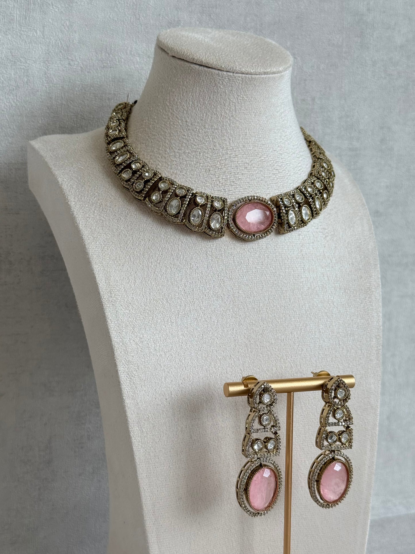 Ayura Designs Sadie Necklace Set with Earrings – Blush Pink Centre Stone, Moissanite Style Stones & Crystal Halo Detailing