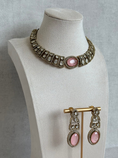 Ayura Designs Sadie Necklace Set with Earrings – Blush Pink Centre Stone, Moissanite Style Stones & Crystal Halo Detailing