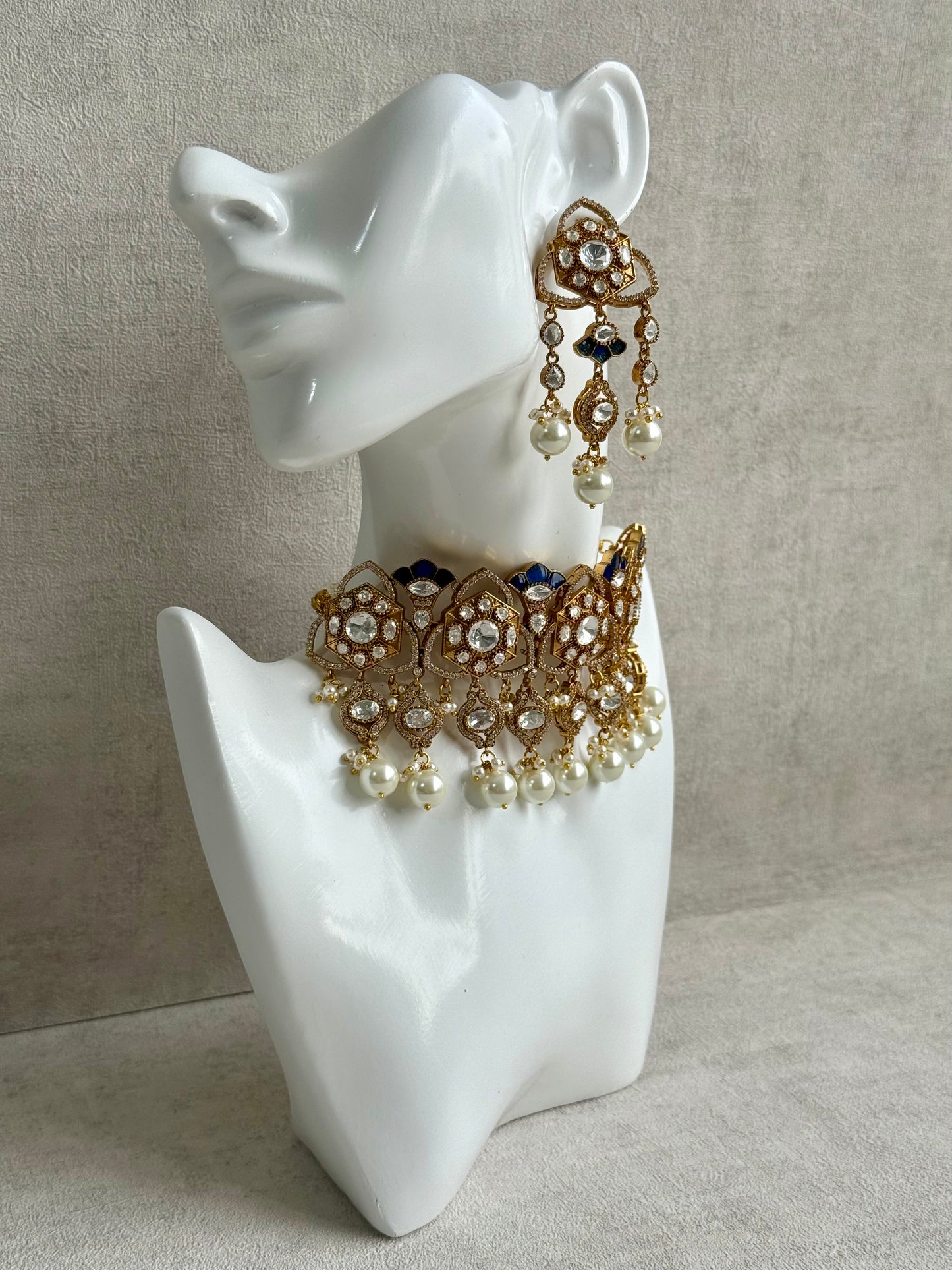 Ayura Designs Serina Choker Set with Earrings – Midnight Blue Enamel, Mirror-Cut Stones & Pearl Drops