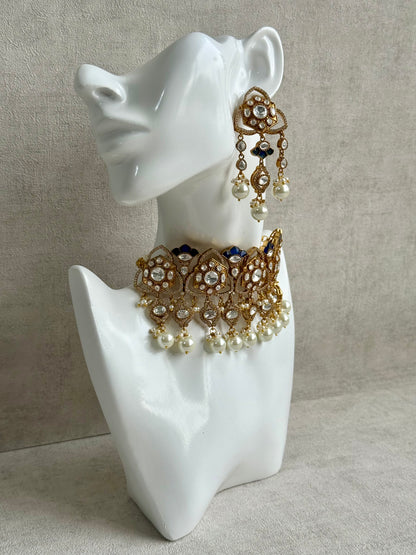 Ayura Designs Serina Choker Set with Earrings – Midnight Blue Enamel, Mirror-Cut Stones & Pearl Drops