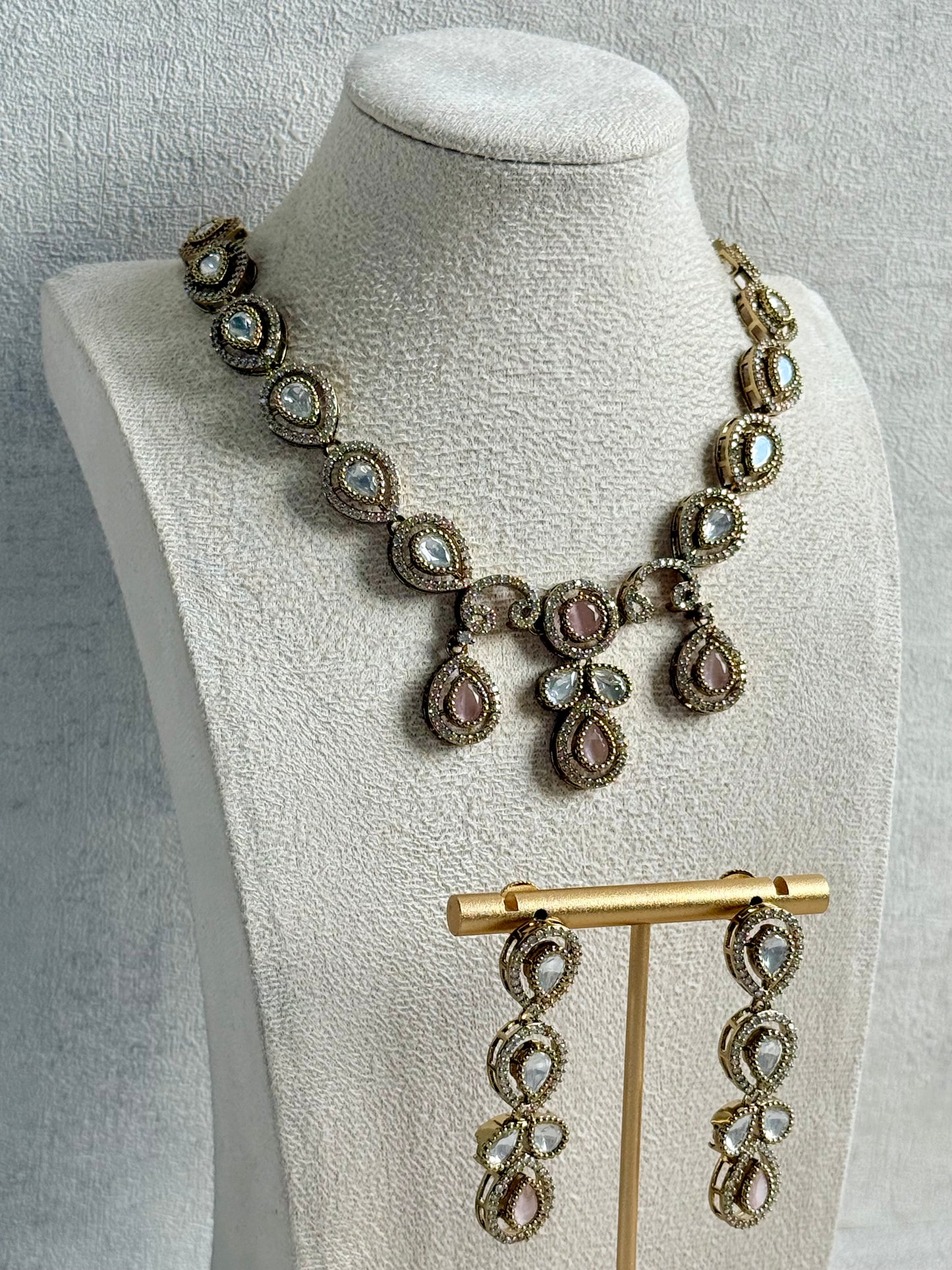 Ayura Designs Bianca Necklace Set with Earrings – Kundan, Blush Pink Stones, Crystals & Gold Finish
