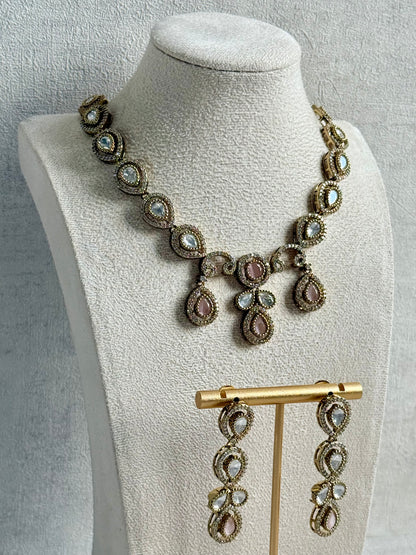 Ayura Designs Bianca Necklace Set with Earrings – Kundan, Blush Pink Stones, Crystals & Gold Finish