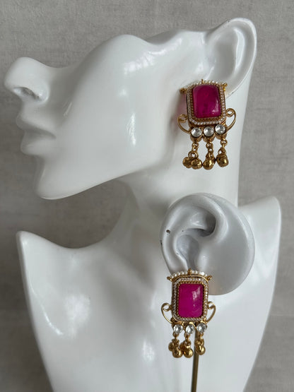 Ayura Designs Aleena Earrings – Rani Pink Stone Stud Earrings with Pearls & Ghungroo Detailing
