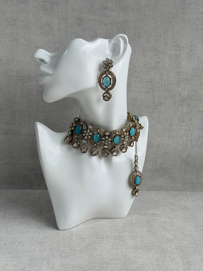 Ayura Designs Emanya Choker Set – Choker, Earrings & Tikka with Mirror-Cut Stones, Turquoise Blue & Antique Gold Detailing