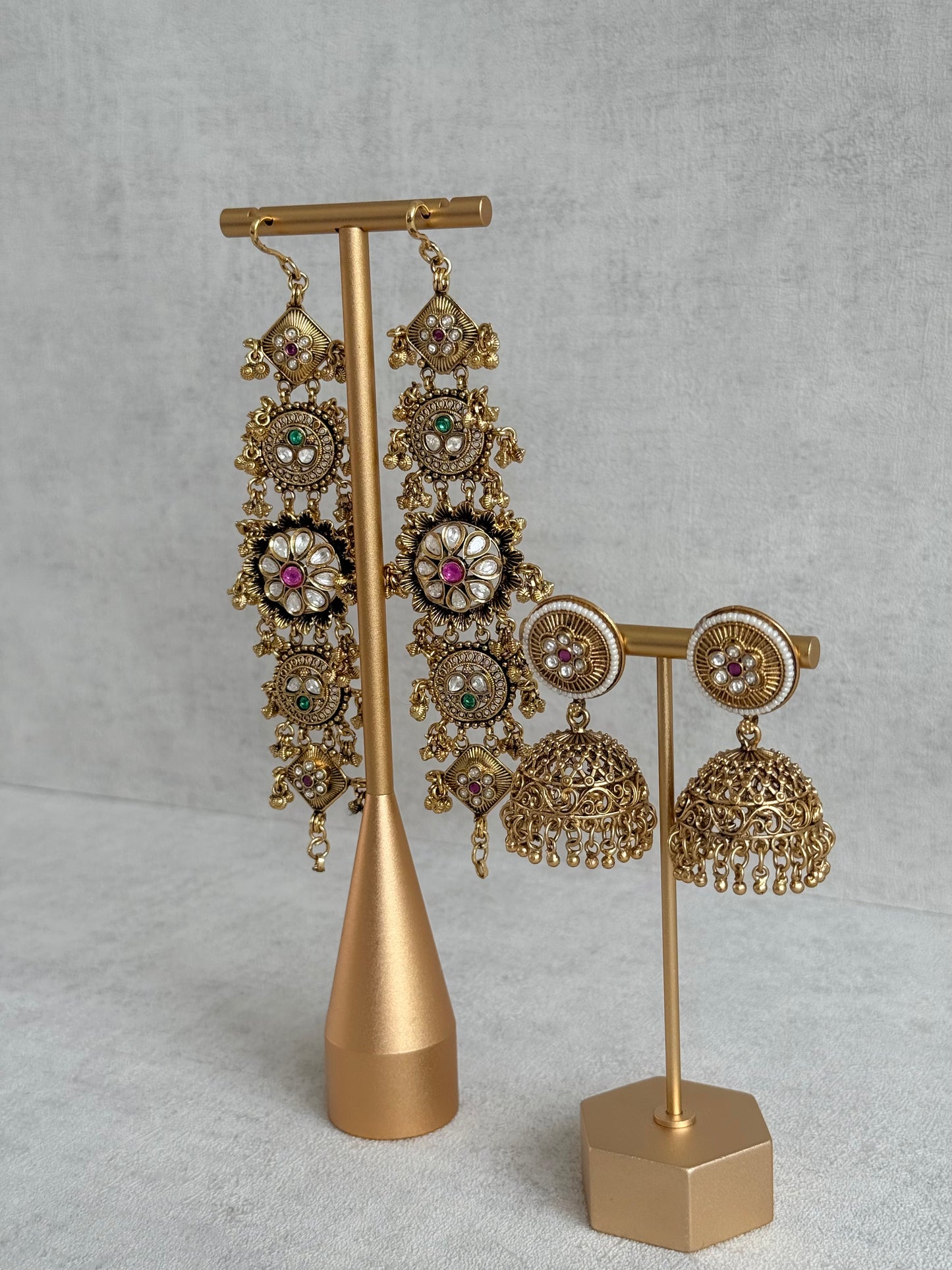 Ayura Designs Sabina Jhumkis with Detachable Sahare – Multicolour Kundan & Antique Gold Finish