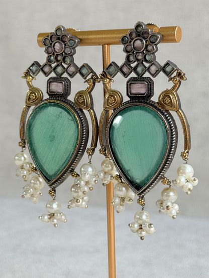 Ayura Designs Kafila Earrings – Dual Tone Oxidised Earrings with Peacock Motifs, Mint Green & Blush Pink Stones