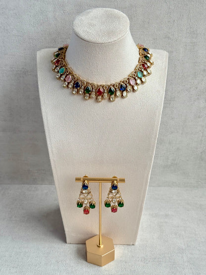 Ayura Designs Sylvie Necklace Set with Earrings – Gold Finish with Moissanite Crystals & Multicolour Stones