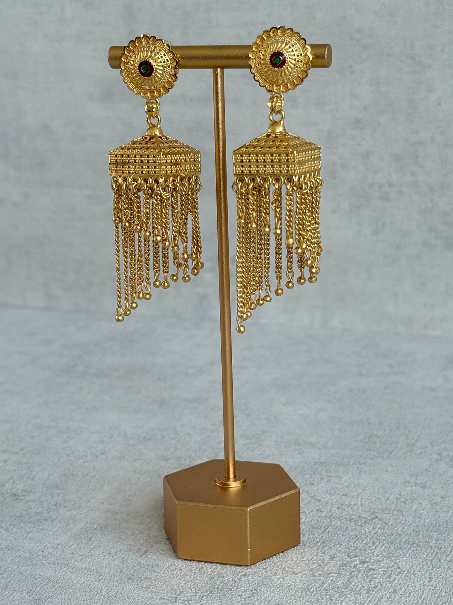 Ayura Designs Raati Jhumkis – Gold Chain Tassel Statement Earrings