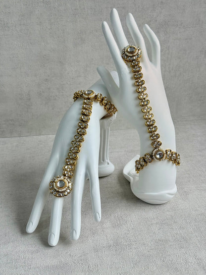 Ayura Designs Maura Haathphool – Antique Gold Hand Harness with Mirror-Cut Stones & Pearl Detailing