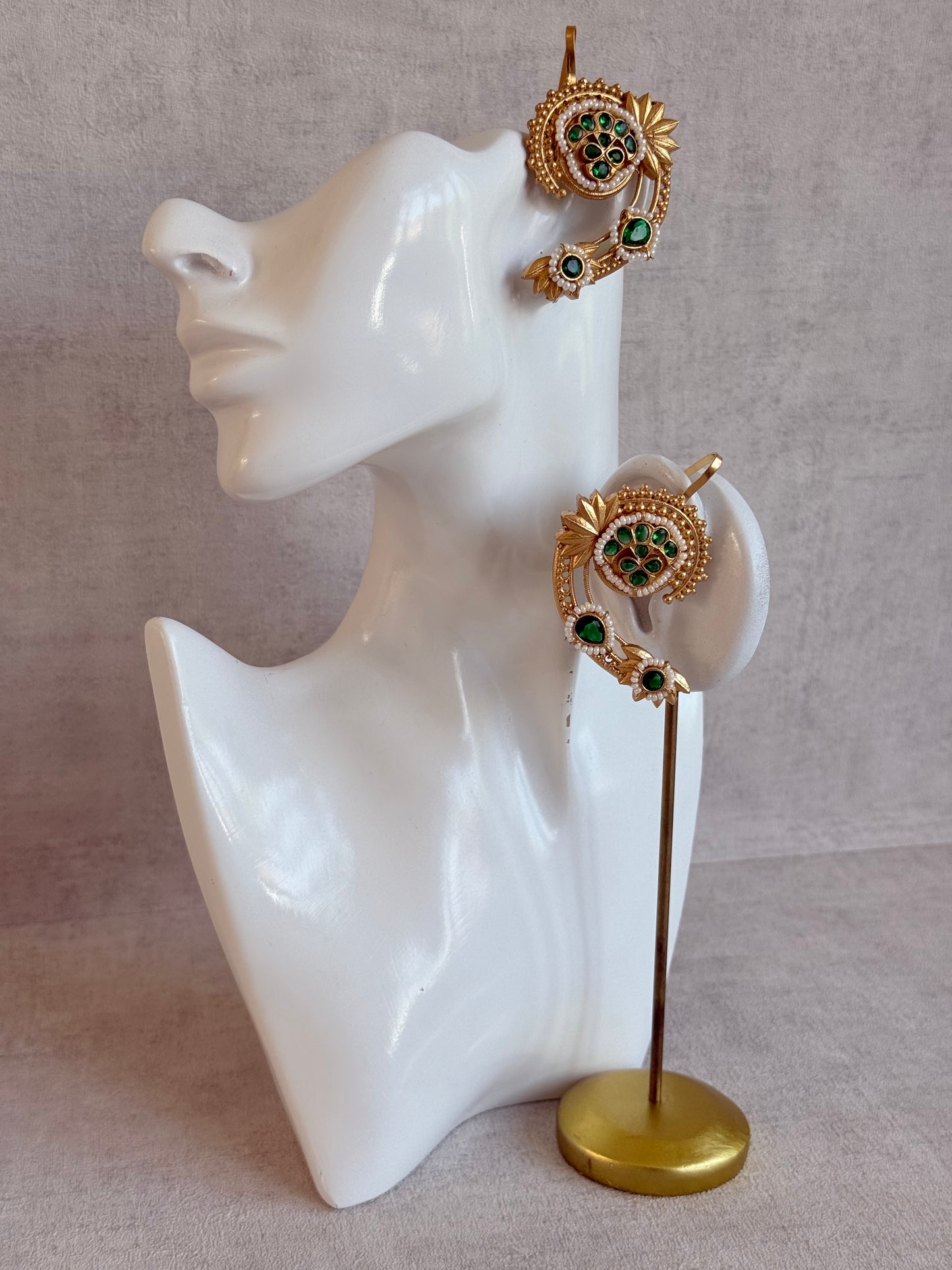 Ayura Designs Raatani Ear Climbers – Emerald Green Ear Climbers with Pearl Detailing & Floral Cutwork Design