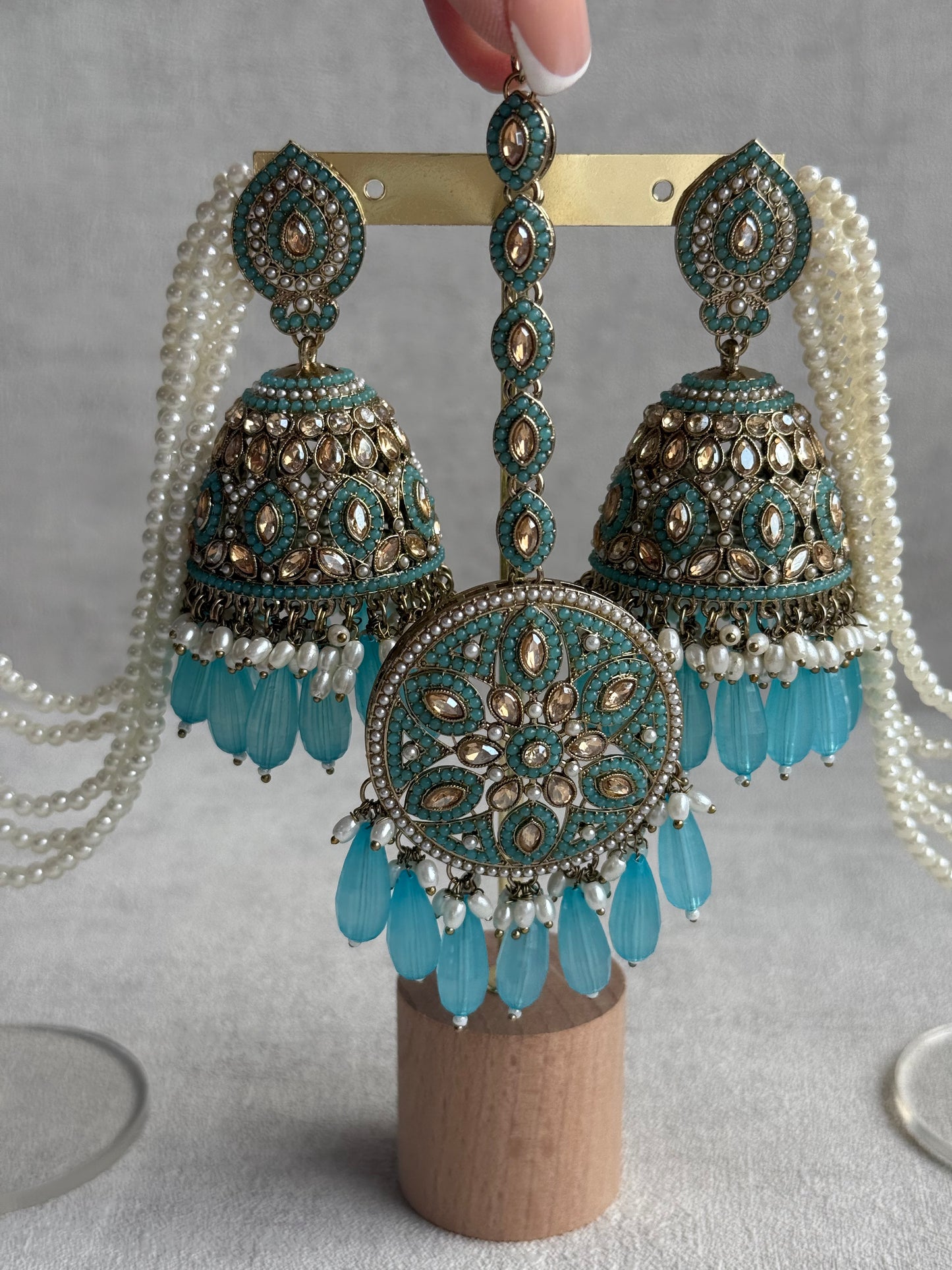 Ayura Designs Amrita Set – Jhumkis with Sahare & Tikka in Aqua Blue, Pearls and Antique Gold Finish