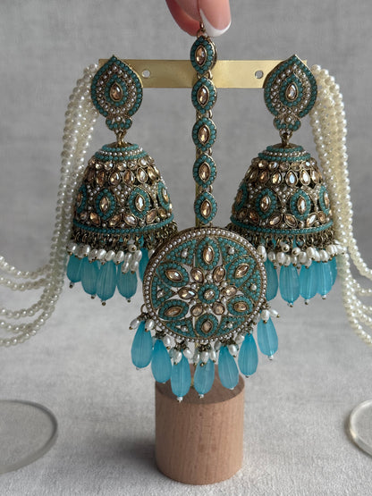 Ayura Designs Amrita Set – Jhumkis with Sahare & Tikka in Aqua Blue, Pearls and Antique Gold Finish