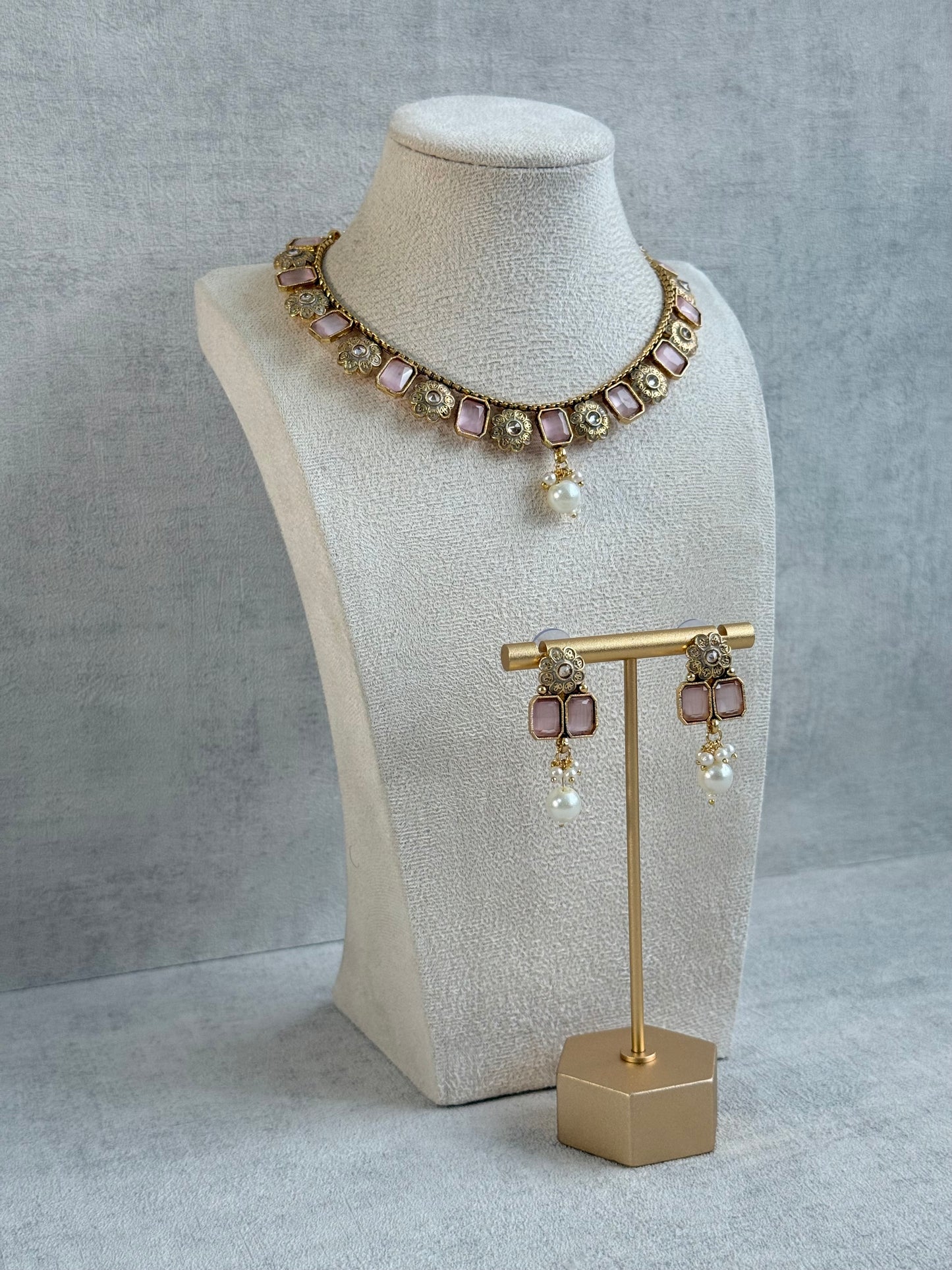 Ayura Designs Padma Necklace Set with Earrings – Blush Pink Stones with Pearl Drop Detailing