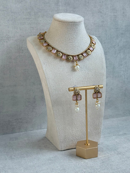 Ayura Designs Padma Necklace Set with Earrings – Blush Pink Stones with Pearl Drop Detailing