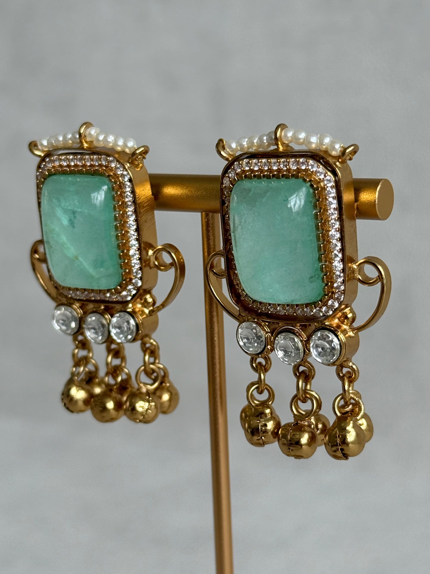 Ayura Designs Aleena Earrings – Aqua Jade Stone Stud Earrings with Pearls & Ghungroo Detailing