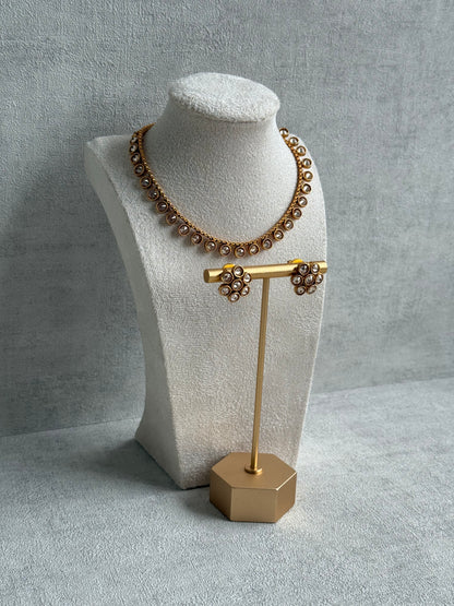 Ayura Designs Veni Set – Gold Necklace & Stud Earrings with Ruby & Champagne Mirror-Cut Polki Stones