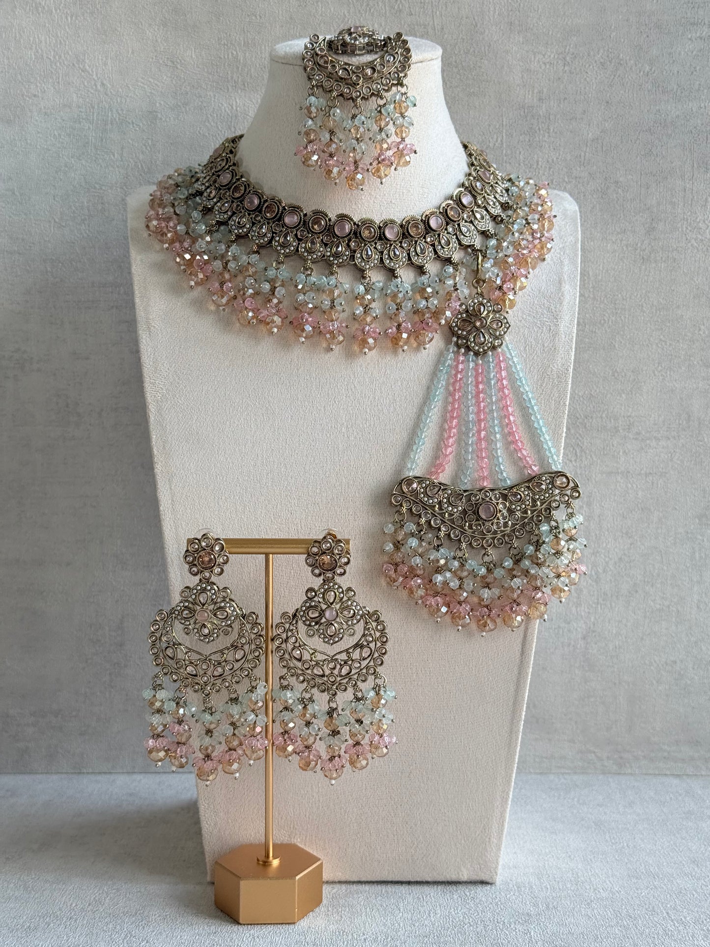 Ayura Designs Dilnaz Necklace Set – Blush Pink, Aqua & Champagne Crystal Beads