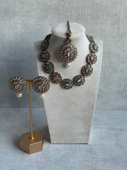 Ayura Designs Sania Set with Necklace, Earrings & Tikka – Mint & Blush Stones, Kundan Detailing & Antique Gold Finish