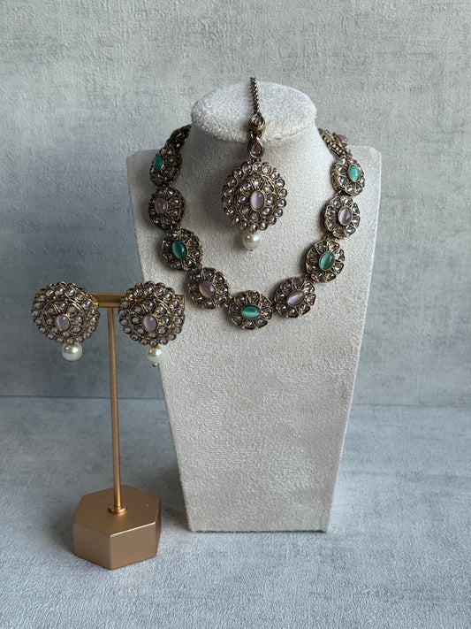 Ayura Designs Sania Set with Necklace, Earrings & Tikka – Mint & Blush Stones, Kundan Detailing & Antique Gold Finish