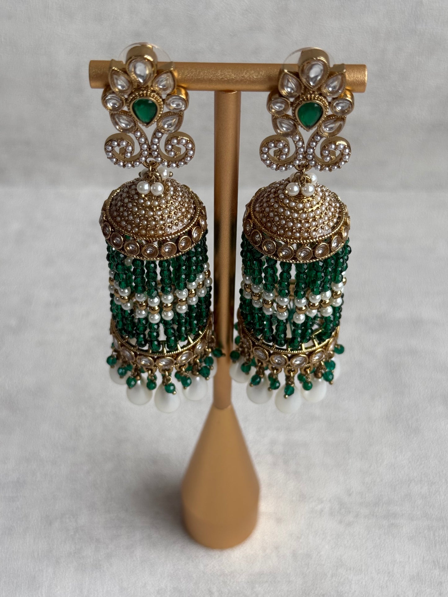 Ayura Designs Sage Earrings – Statement Jhumkis with Mirror-Cut Stones, Pearl Drops & Emerald Green Beads