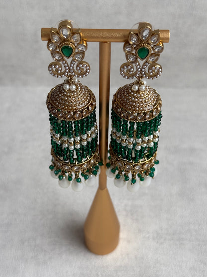 Ayura Designs Sage Earrings – Statement Jhumkis with Mirror-Cut Stones, Pearl Drops & Emerald Green Beads