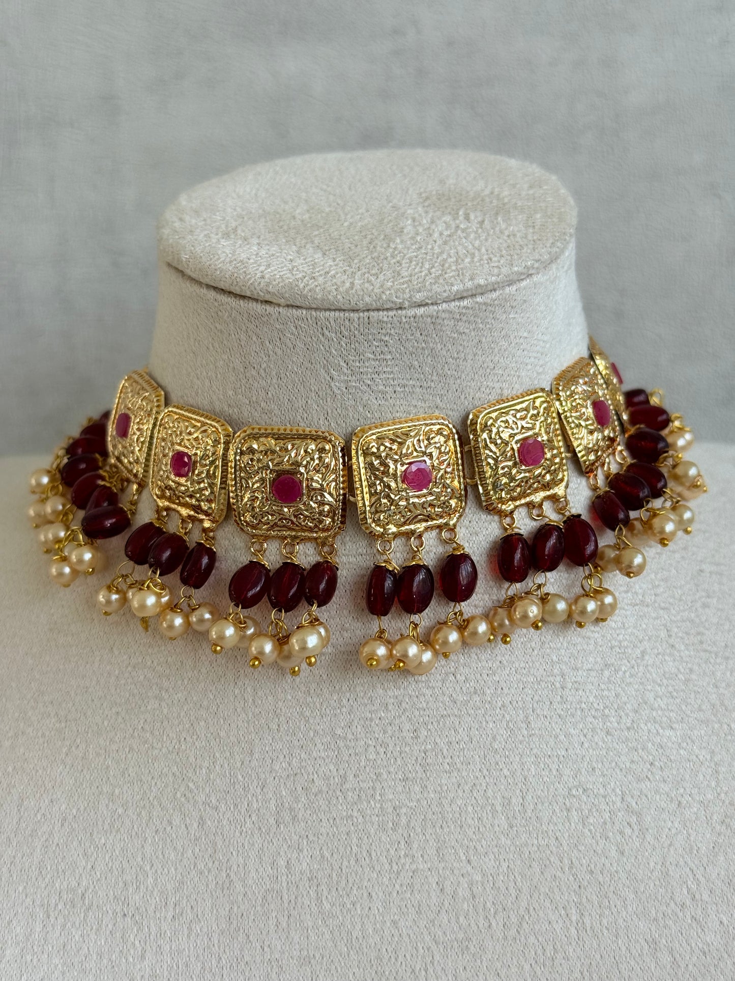 Ayura Designs Chetna Choker Set with Earrings & Tikka – Maroon Beads, Cream Pearl Drops with Pipal Patti Detailing