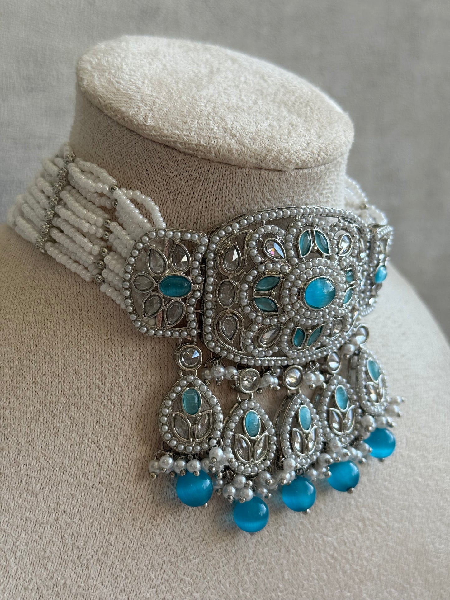 Ayura Designs Zarlish Set – Choker, Earrings & Tikka with Mirror-Cut Stones, Aqua Blue Beads & Silver Finish