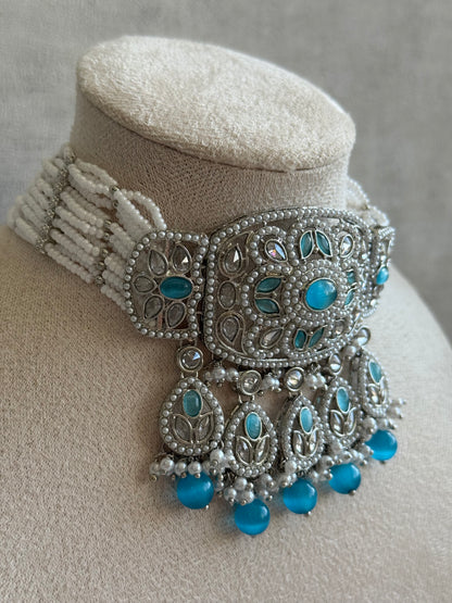 Ayura Designs Zarlish Set – Choker, Earrings & Tikka with Mirror-Cut Stones, Aqua Blue Beads & Silver Finish