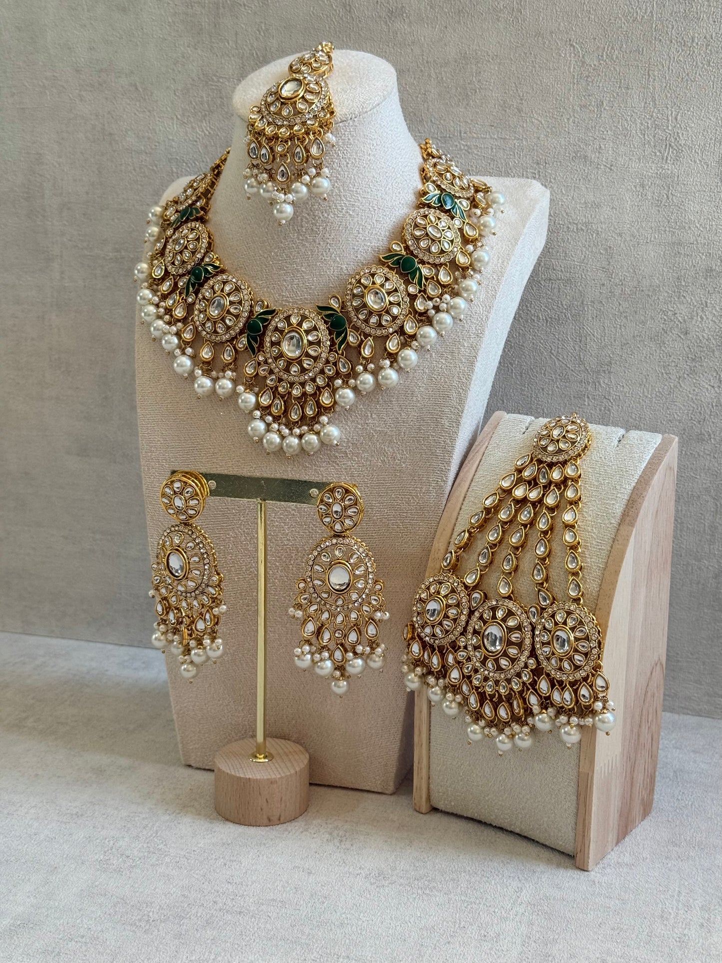 Ayura Designs Zara Set with Necklace, Earrings, Tikka & Passa – Antique Gold with Kundan Detailing & Ivory Pearl Drops