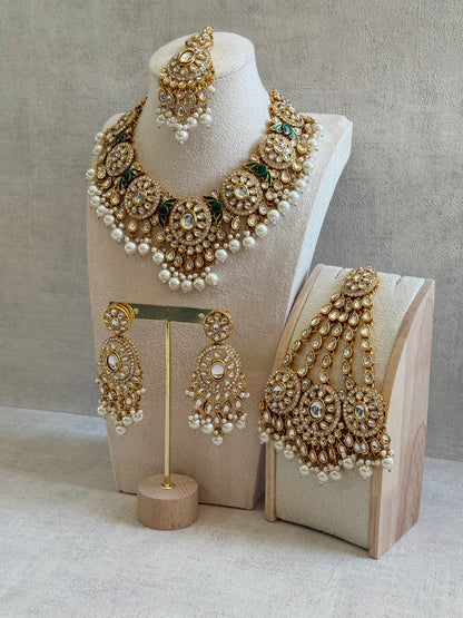 Ayura Designs Zara Set with Necklace, Earrings, Tikka & Passa – Antique Gold with Kundan Detailing & Ivory Pearl Drops
