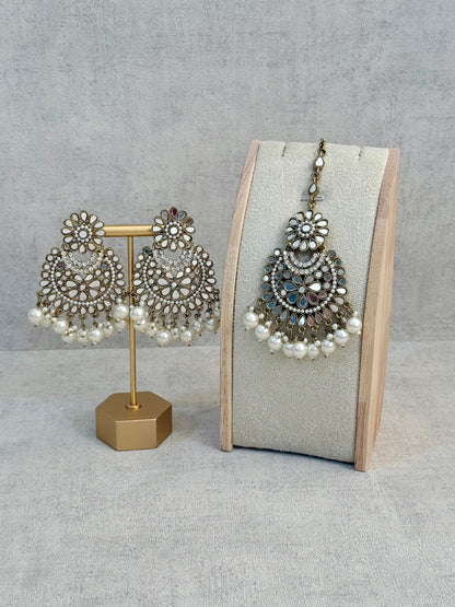 Ayura Designs Sheesha Tikka Set with Earrings – Antique Gold Mirror Detailing with Pearl Drops
