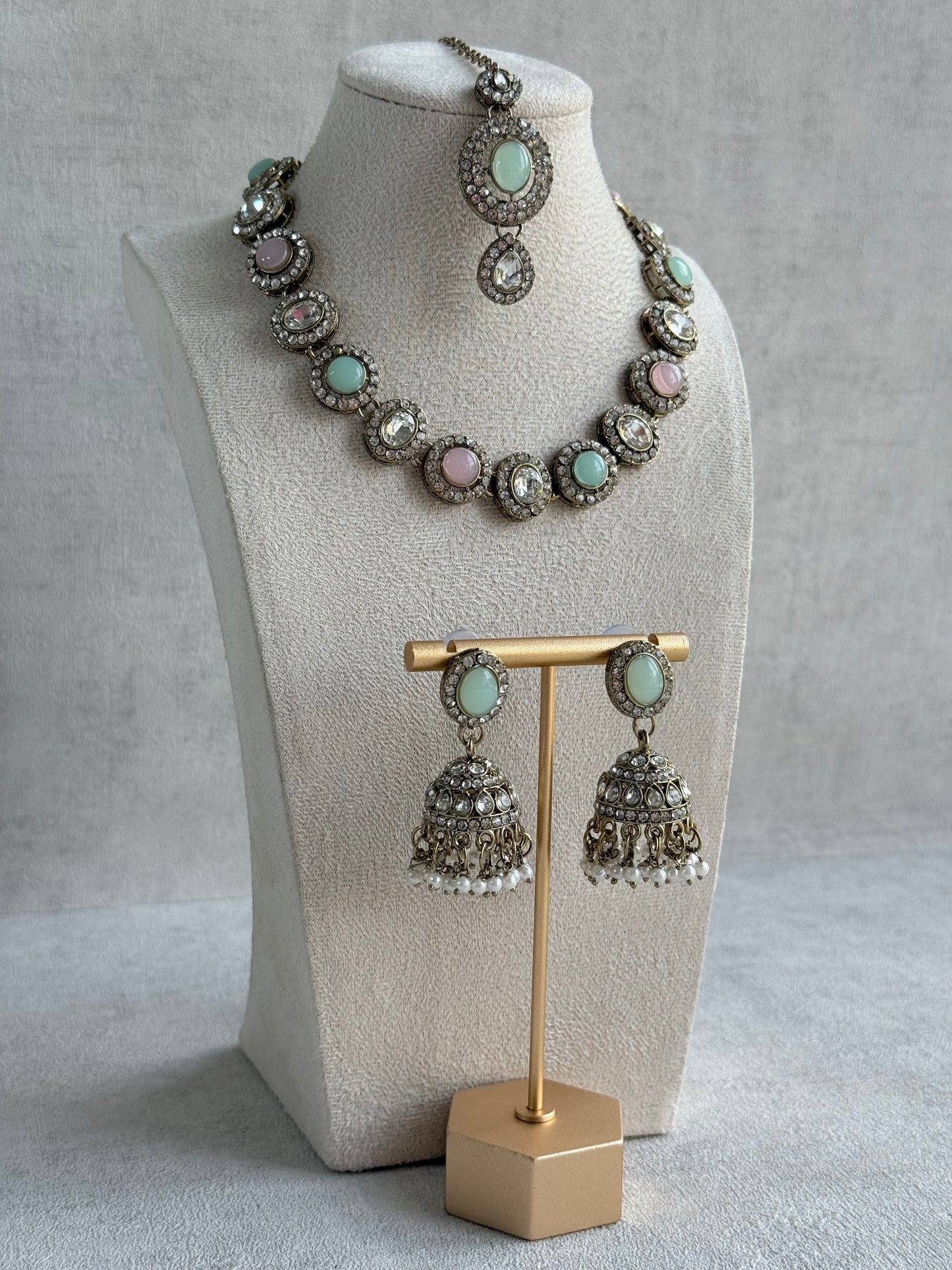 Ayura Designs Eira Necklace Set with Earrings & Tikka – Blush Pink, Mint Green & Crystal Stones with Antique Gold Finish