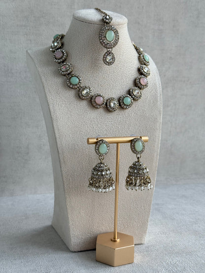 Ayura Designs Eira Necklace Set with Earrings & Tikka – Blush Pink, Mint Green & Crystal Stones with Antique Gold Finish