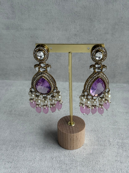 Ayura Designs Nageen Earrings – Antique Gold Jhumkis with Lilac Stones, Mirror-Cut Accents & Pearl Drops