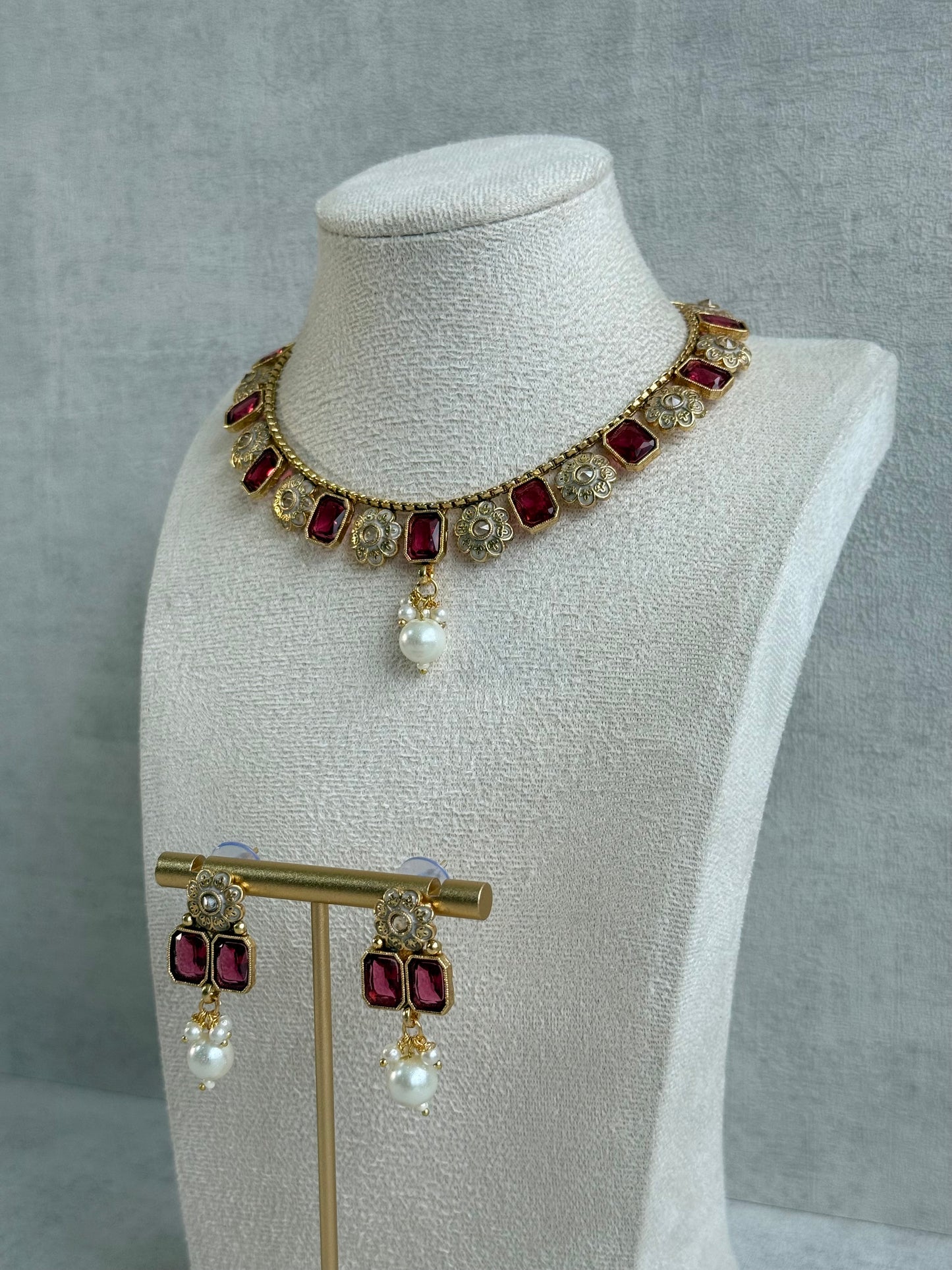 Ayura Designs Padma Necklace Set with Earrings – Rani Pink Stones with Pearl Drop Detailing